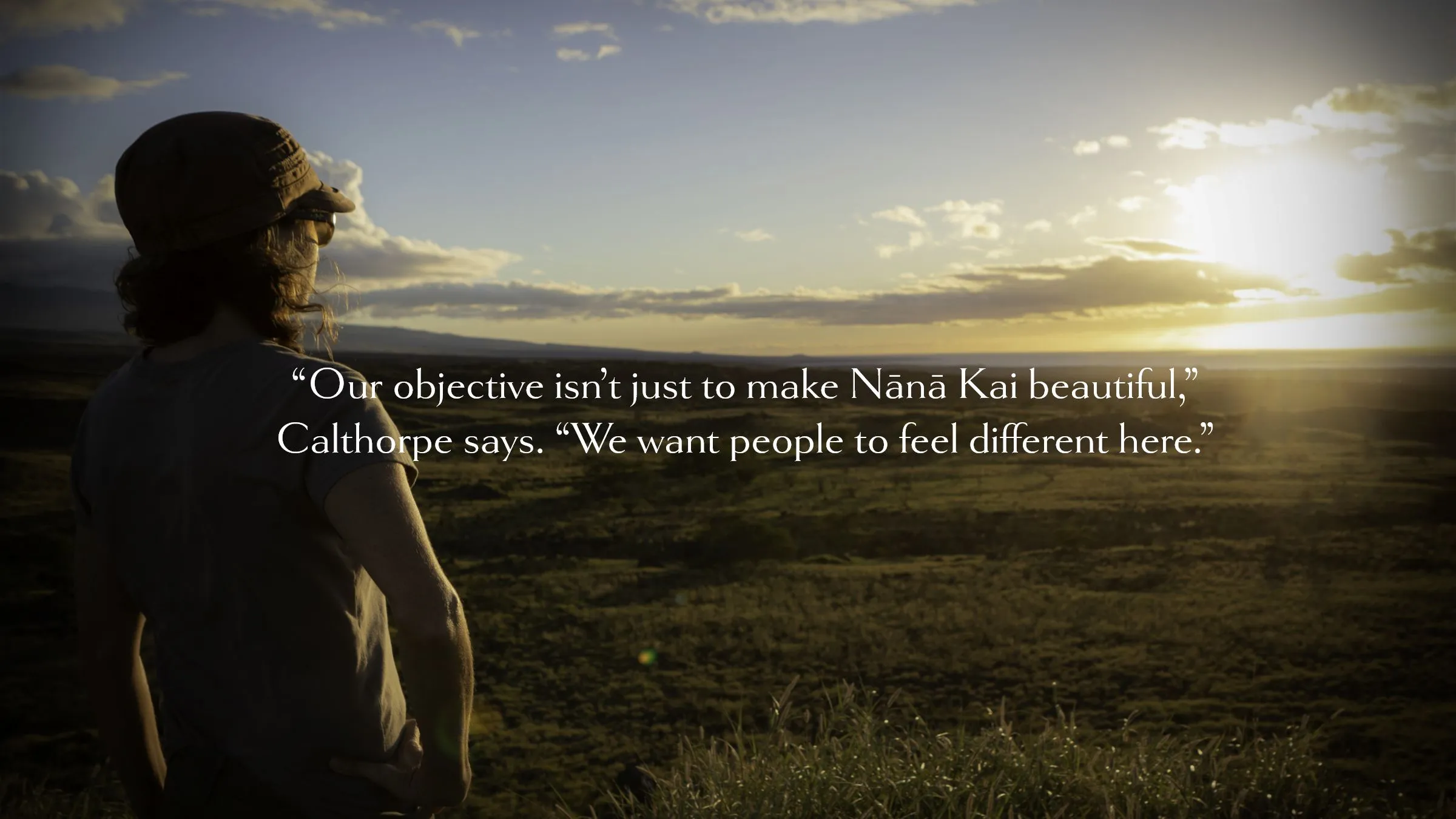 Person in hat gazing at sunset over a vast landscape, with quote overlay.